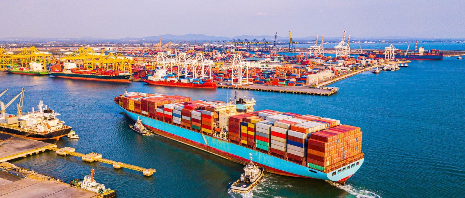 "Shipping port with containers ready for export, symbolizing global animal feed supply."